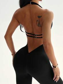 Dewbera Women's Solid Color Halter Backless Tight Yoga Jumpsuit - Black - View 4