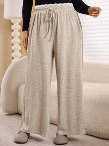 EMERY ROSE Plus Size Knotted Casual Versatile Lace Patchwork Pants, Suitable For Spring And Autumn, Going Outs, 2025 New , Simple And Fashionable For Everyday Wear, Plus Size Winter , Comfortable And Breathable, Christmas For Women, New Year , Suitable For Multiple Occasions, Christmas, Date Nights Women, Thanksgiving For Women, Suitable For Valentine's Day - Mocha Brown - View 1
