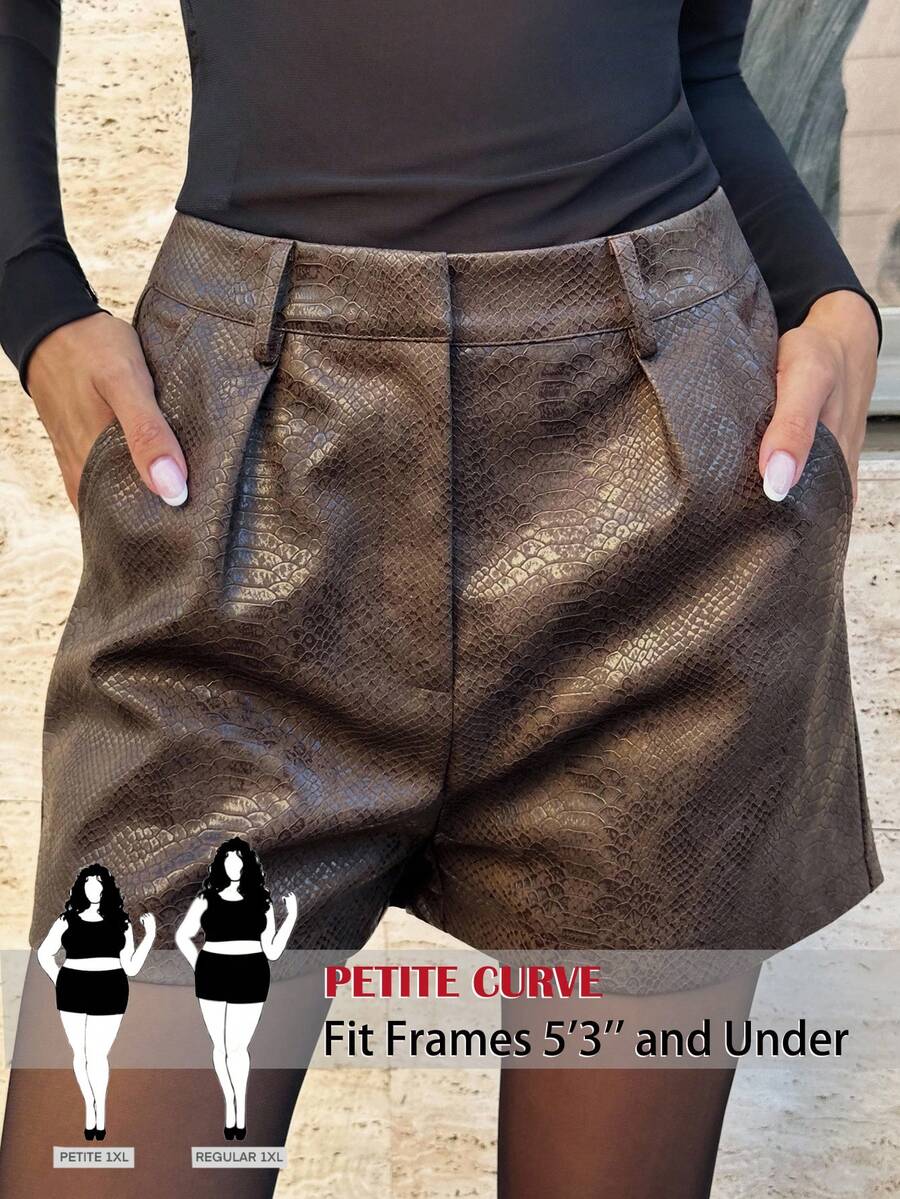 SHEIN PETITE CURVE Plus Size Fold Pleated Pocket Casual Shorts - Brown - View 1