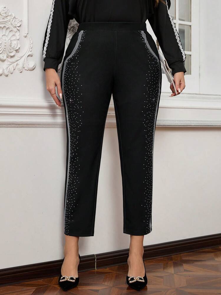 Plus Size Elegant Slim Fit Faux Rhinestone Print Pants, Suitable For Spring And Autumn, Going Out,  New, Simple And Fashionable For Everyday Wear, , Comfortable And Breathable, , New Year,