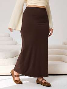 Solflare 加大码棕色长款修身纯色铅笔裙 情人节 - 棕色 - 查看 4