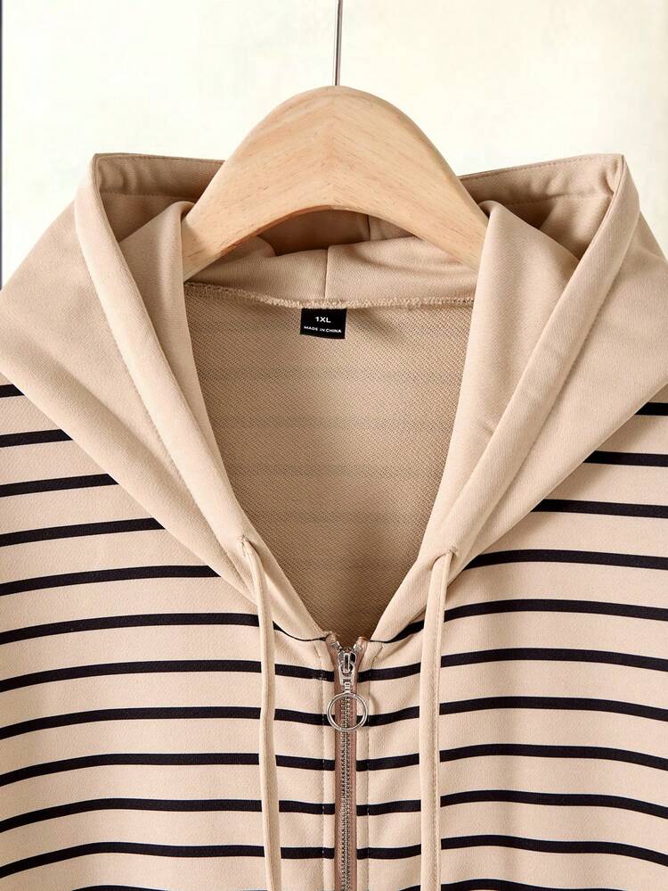 2pcs Plus Size Women Casual Striped Hoodie Jacket And Pants Set With Pockets, ,Women's Lounge Set, Ladies Casual Sets,Going Out Outfits,2026 New Clothes,Simple And Fashionable For Everyday Wear,Early Spring,Vacation Outfits Women ,Holiday Outfits For Women,Spring Outfit Women,Valentine's Day ,Valentine Outfits For Women , 2 Pieces Lounge Sets Woman, Striped Set, Lounge Wear,Summer