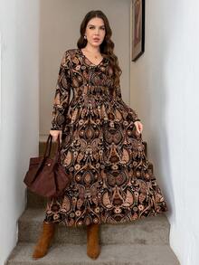 SHEIN LUNE Vestido de otoño con estampado de leopardo plisado en todo el diseño, vestido casual elegante para damas apropiado para invitadas de boda en la temporada de otoño, talla grande - Multicolor - Ver 3