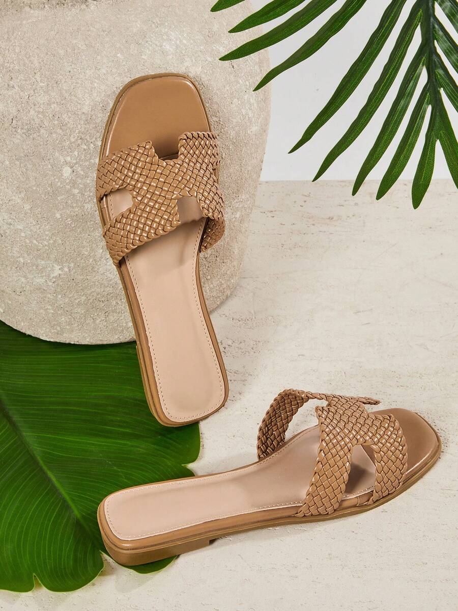 SHUZIA #QuietLuxury 女士方头全手工编织纯素皮革棕褐色拖鞋——简约、质感十足、轻松优雅。 - 紫紅色 - 查看 1