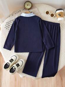 SHEIN Genkimix Kids 2pcs/Set Young Boy Casual Holiday 2 In 1 Polo Collar Top + Solid Color Pants, Suitable For Daily Wear, School, Travel, Outdoor Play, Spring/Autumn - Blue - View 2