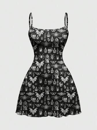 Goth Gotisches dunkles Skelett, Motte, Fledermaus, Spinnen Mini-Kleid für Frauen
