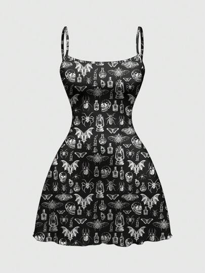 Goth فستان قصير للنساء بطبعات جمجمة، فراشة، خفاش، عنكبوت بطابع جوثي داكن