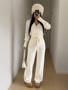 StreetHx Spring Thin Sweater And Pants Two Pieces Set, Casual Women's Suit - White - View 1