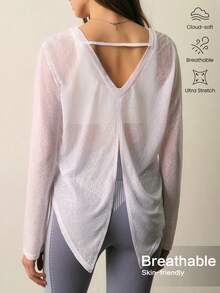 With My Calm Solid Color Round Neck Sheer Back Fashion Long Sleeve Sports T-Shirt - White - View 3