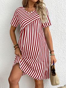 Boho Mama 孕妇条纹短袖圆领连衣裙 - 紅白色 - 查看 3