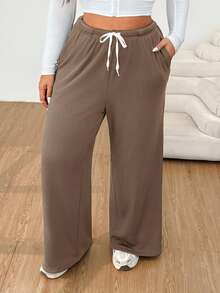 Solflare Plus Size Women Brown Loose Fit Flared Leg Casual Pants With Thermal Lining, Autumn/Winter,Christmas,New Year,Thanksgiving,Party,Wedding,Beach,Graduati,Chic,Elegant,Casual,Going Out,Date,Appointment,Commute - Brown - View 3