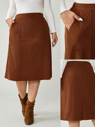 Nubod Plus Size Women Retro Corduroy Pocket Casual Mid-Length Skirt Skirts With Pockets Casual Skirt Plus Size Brown Dress Skirt Curve Brown Skirt Plus Size