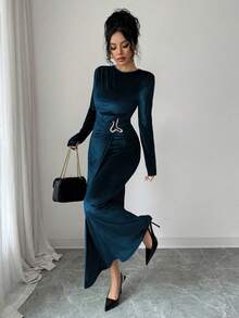 Rafferiza 优雅休闲丝绒连衣裙，腰部褶皱设计，饰有装饰纽扣，酒红色长袖连衣裙，适合约会、日常穿着和派对场合，女士，秋冬季 - 湖藍色 - 查看 4