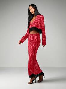 MISSGUIDED 波点两件套，蕾丝边纽扣上衣搭配长裙，女士套装 - 酒紅色 - 查看 5