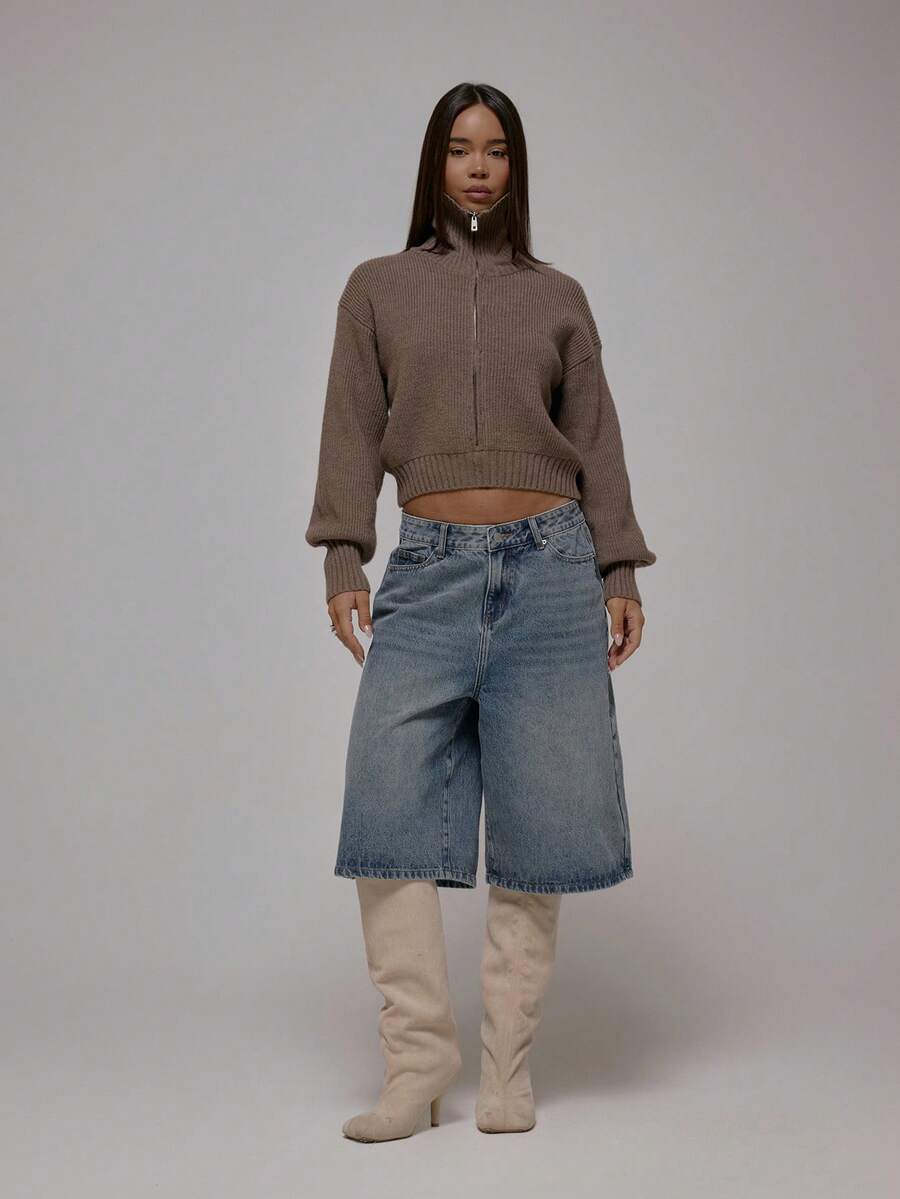 MUSERA 超大款牛仔长款短裤，后腰饰带，秋冬街头风，酷女孩Y2K日常休闲风，春夏复古风 - 藍色 - 查看 1