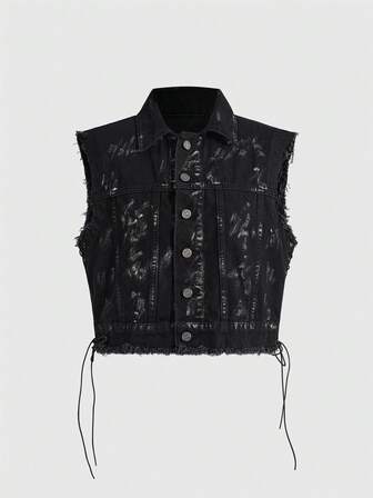 Grunge Punk Dunkler Punk-Stil Schädel, Stern, Augen-Muster Damen Jeansweste