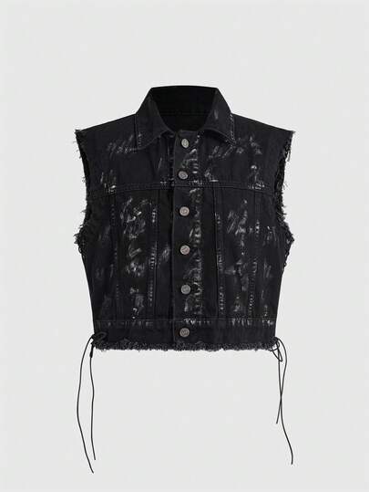 Grunge Punk Gilet di jeans da donna con stampe di teschi, stelle e occhi, in stile punk scuro