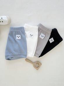 SHEIN 4pcs/Set Baby Boy Toddler Solid Color Elastic Knit Shorts With Cute Embroidered Patches, Suitable For Daily Wear And Outings - Multicolor - View 6
