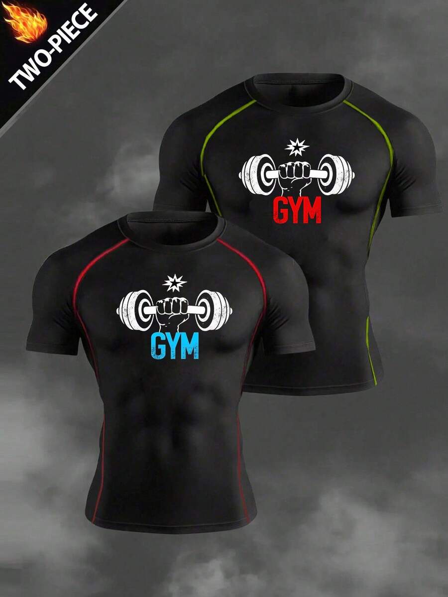 Manfinity Sport Corelite 男士极简印花圆领短袖运动T恤 - 黑色 - 查看 1