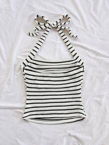 Soleia Women's Vacation Halter White Knit Textured Fitted Camisole,Tank Top - Black and White - View 2