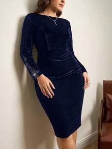 SHEIN Clasi Gaun Pesta Elegan Lengan Panjang Berenda dengan Hiasan Berlian Imitasi dan Detail Kerut untuk Wanita Ukuran Plus - Navy Blue - View 4
