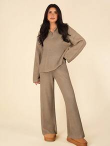 Coeurva 2pcs Women Casual Khaki Zip-Up Drop Shoulder Sweater And Knit Pants Set, Autumn/Winter,Fall - Khaki - View 6