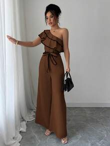 Elenzga 女士荷叶边肩部系带直筒连体裤 - 咖啡棕 - 查看 6