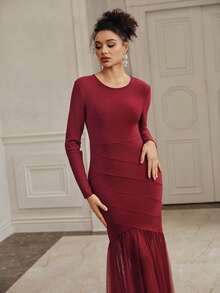 Anewsta Vestido ajustado de mujer con parches de malla elegante - Burdeos - Ver 5
