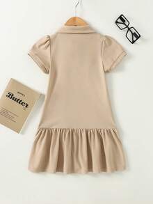 SHEIN Young Girl Collared Button Half-Placket Knight Print Pleated Daily Casual Short Sleeve Dress - Camel - View 2