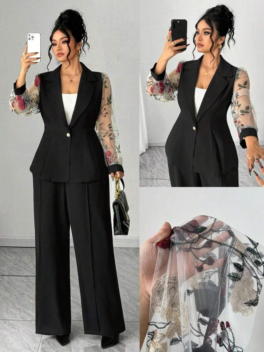 SHEIN Clasi Bộ đồ vest dáng chữ A thắt eo thêu hoa bằng lưới cỡ lớn dành cho nữ, trang phục thanh lịch cho các buổi đi chơi, tụ tập, đi dạo, thích hợp cho ngày tựu trường, lễ tốt nghiệp, ngày lễ, ngày lễ tình nhân, lễ hội âm nhạc, ngày của mẹ, halloween, lễ tạ ơn, lễ phục sinh, ngày quốc khánh, khiêu vũ, hẹn hò, tiệc tùng, đám cưới, hoạt động ngoài trời - màu đen - Xem 1