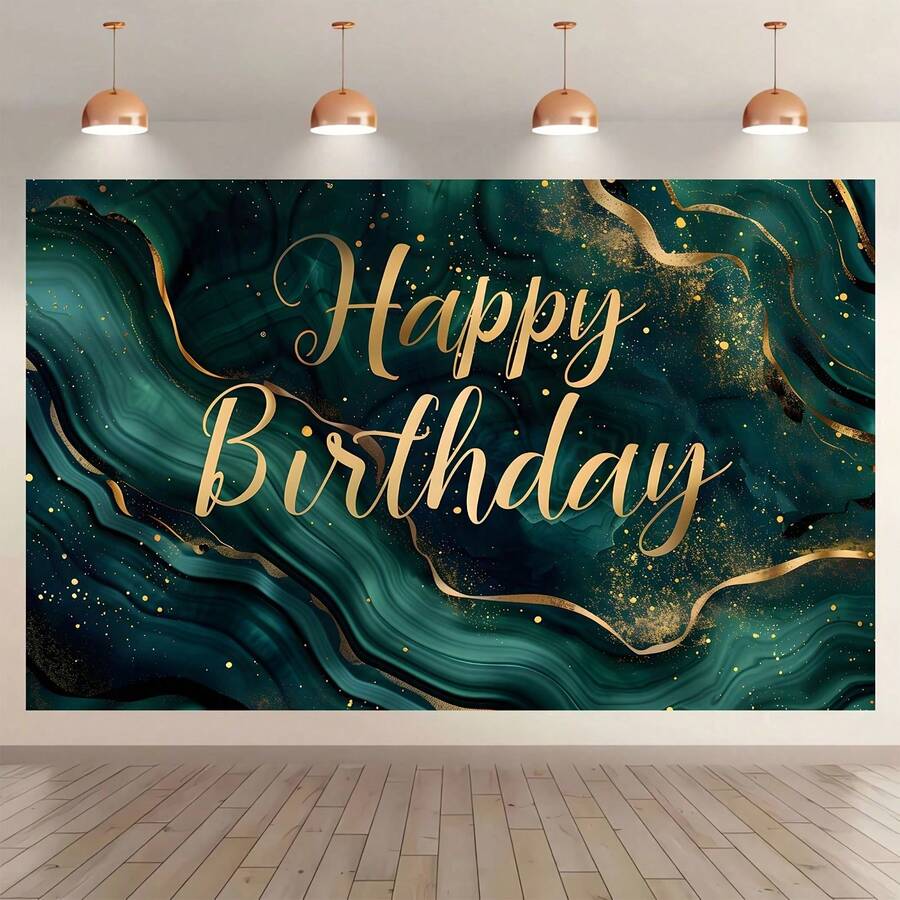 1条翠绿色和金色生日快乐背景横幅,涤纶材质,多种尺寸可选,派对横幅装饰,室内/室外装饰,家居、花园、庭院装饰,蛋糕桌拍照背景,派对庆祝活动的完美生日礼物 - 彩色 - 查看 1