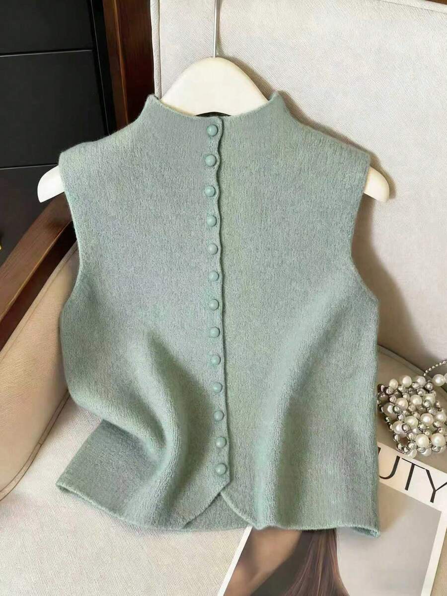 Franclia 休闲宽松高领无袖针织纽扣设计红色女式毛衣上衣，春秋季 - 綠色 - 查看 1