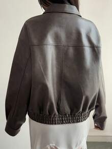 DAZY Women's Loose Casual Designed Brown Leather Jacket, Versatile For Spring, Summer, Autumn, Winter