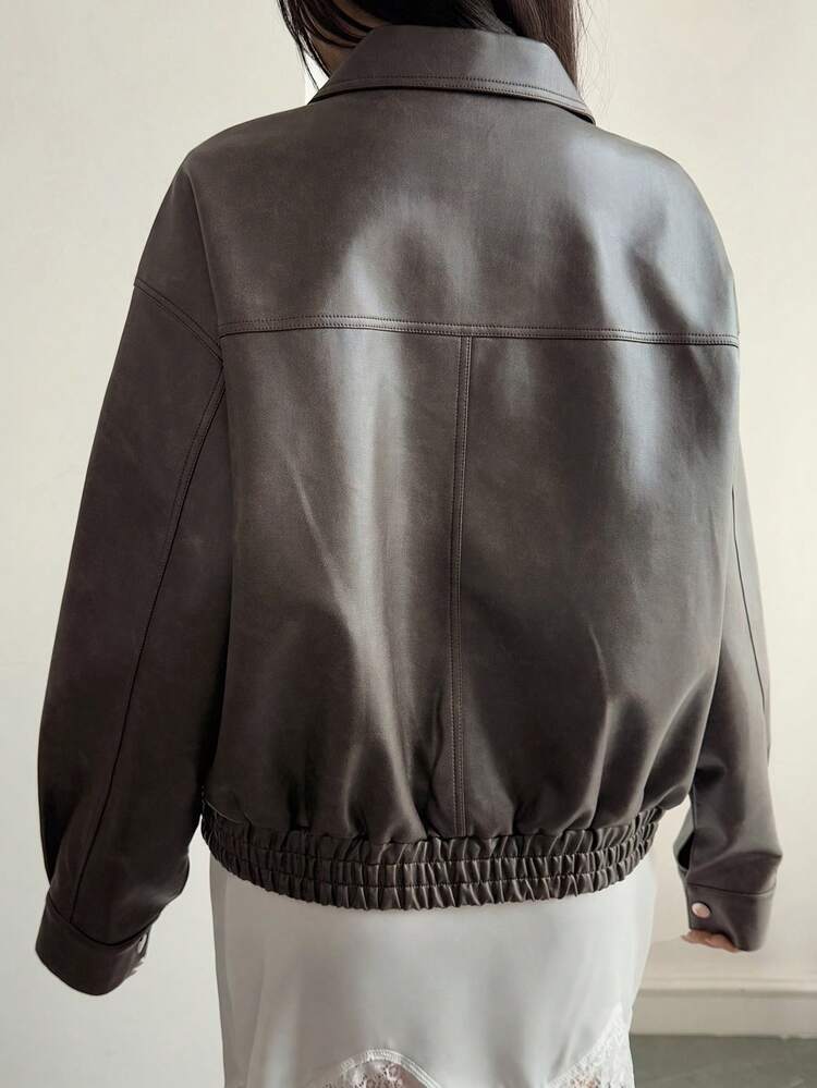 Women's Loose Casual Designed Brown Leather Jacket, Versatile For Spring, Summer, Autumn, Winter