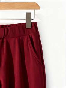 Franclia 女士高腰口袋针织喇叭裤，休闲宽松日常穿着，秋冬款 - 紅色 - 查看 4