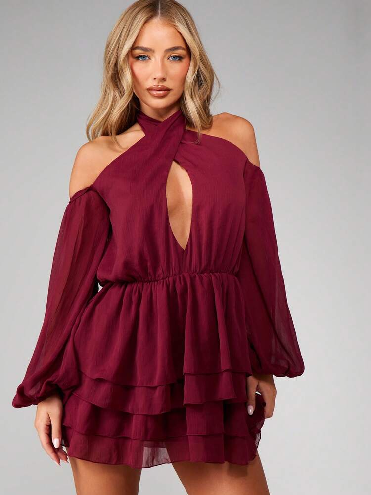 MISSGUIDED バルーンスリーブのシフォンホルターミニドレス
