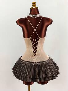 Amplova 女士撞色迷你连衣裙，性感、前卫、简约、复古A字百褶裙，性感复古风 - 棕色 - 查看 4