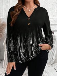 EMERY ROSE Áo thun tay dài cổ chữ V cài nút màu đỏ tía cỡ lớn in hoa rộng rãi, thoải mái, thanh lịch cho mùa thu - màu đen - Xem 4