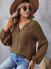 SHEIN LUNE Áo sơ mi nữ dài tay, màu trơn, chất liệu cotton, kiểu dáng thường ngày. - màu nâu - Xem 7