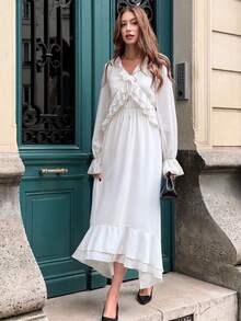 Pariaura Autumn New Arrival: French Elegant White Chiffon Dress With Layered Ruffles, V-Neck Tie Detail, Waist-Defining Silhouette, Long Sleeves With Flared Cuffs– A Long-Length Fairy Dress Exuding Timeless Grace White Elegant Dress Long Sleeve White Dress Boho White Dress White Silk Dress French Style Dress - White - View 6