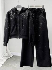Resyla Women's Shiny Rhinestone Embellished Casual Hoodie And Wide Leg Pants Set, A Gift For Friends - Black - View 3