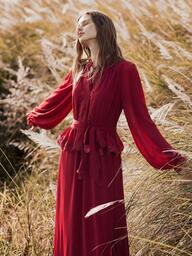 Florisole שמלת A-קו פרחונית רומנטית בוהמית לנשים לסתיו/חורף, אדום יין