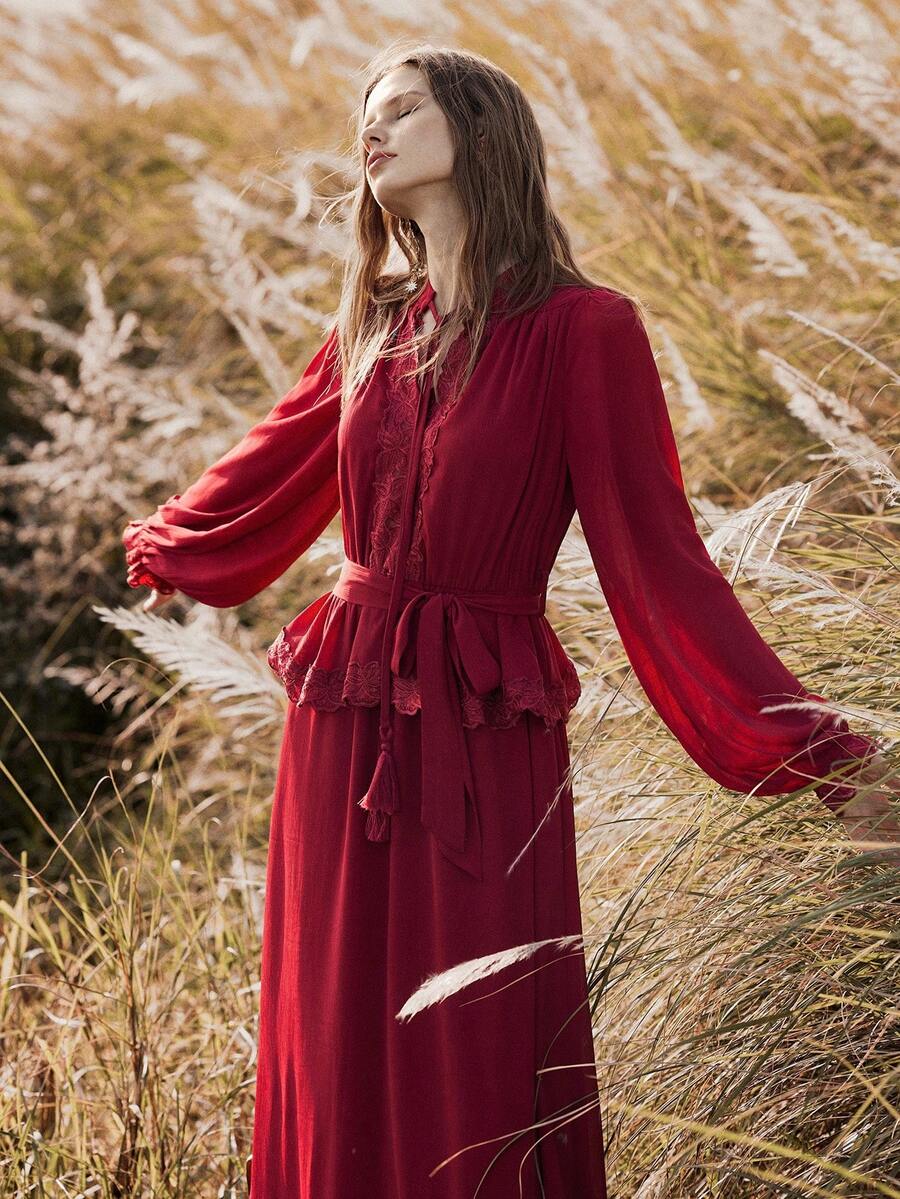 Florisole 女士秋冬波西米亚浪漫花卉蕾丝下摆A字连衣裙，酒红色 - 彩色 - 查看 1