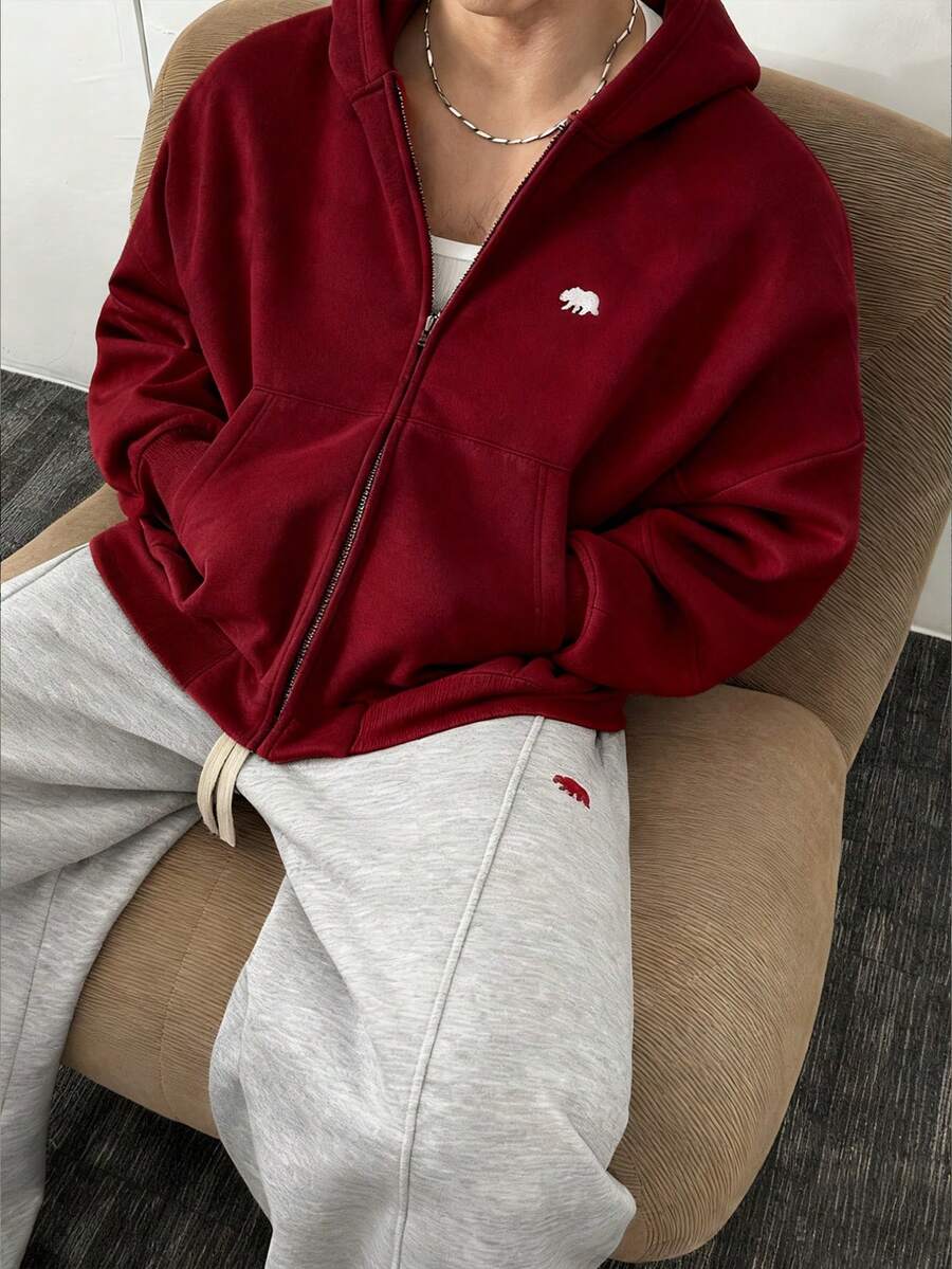 ESTAVOR 男士图案卫衣宽松休闲连帽开衫长袖卫衣外套 - 酒紅色 - 查看 1