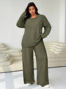 SHEIN EZwear 两件套加大码女式橄榄绿圆领长袖T恤和阔腿裤，休闲款 - 軍綠色 - 查看 3