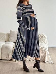 SHEIN 孕妇条纹圆领长袖休闲连衣裙 - 灰色 - 查看 3