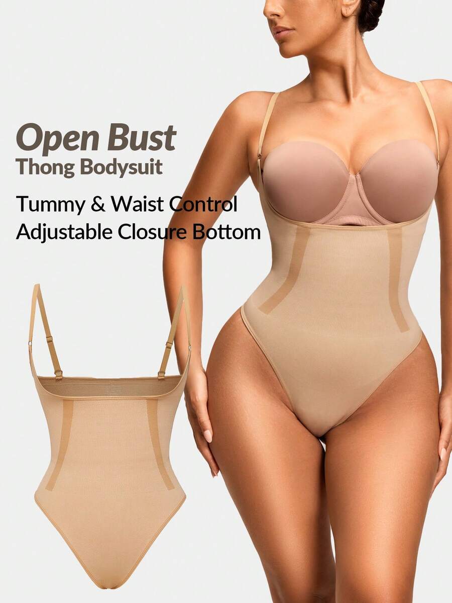 SHAPORA Seamless Thong Bodysuit Body Shaper Bust& Butt Lifter-Tummy Waist Thigh Control - Apricot - View 1