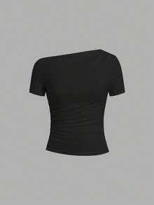 Ellevyn 女士纯色斜肩短袖修身时尚T恤，夏季 - 彩色 - 查看 5