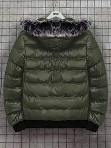 SHEIN Cottnline 男士纯色仿毛领拉链连帽长袖棉服外套，冬季 - 墨綠色 - 查看 2