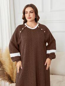 Lacomfia Plus Size Color Block Long Sleeve Casual Knit Hoodie - Brown - View 4